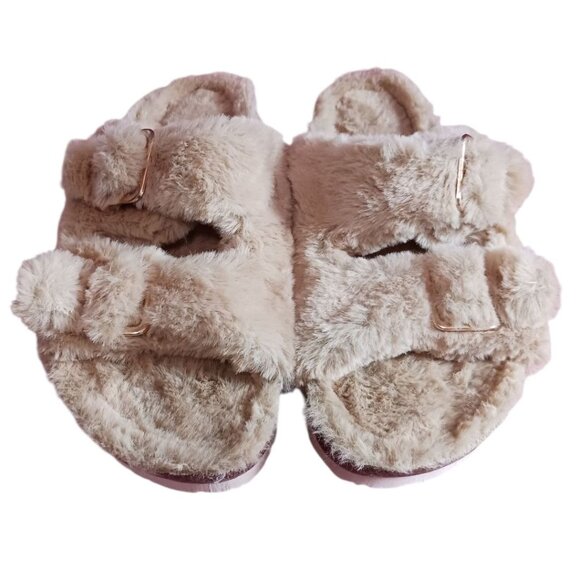 Fitory Faux Fur Open-Toe Slide Slippers W/ Adjustable Straps & Cork Sole Camel 6 - Picture 1 of 8